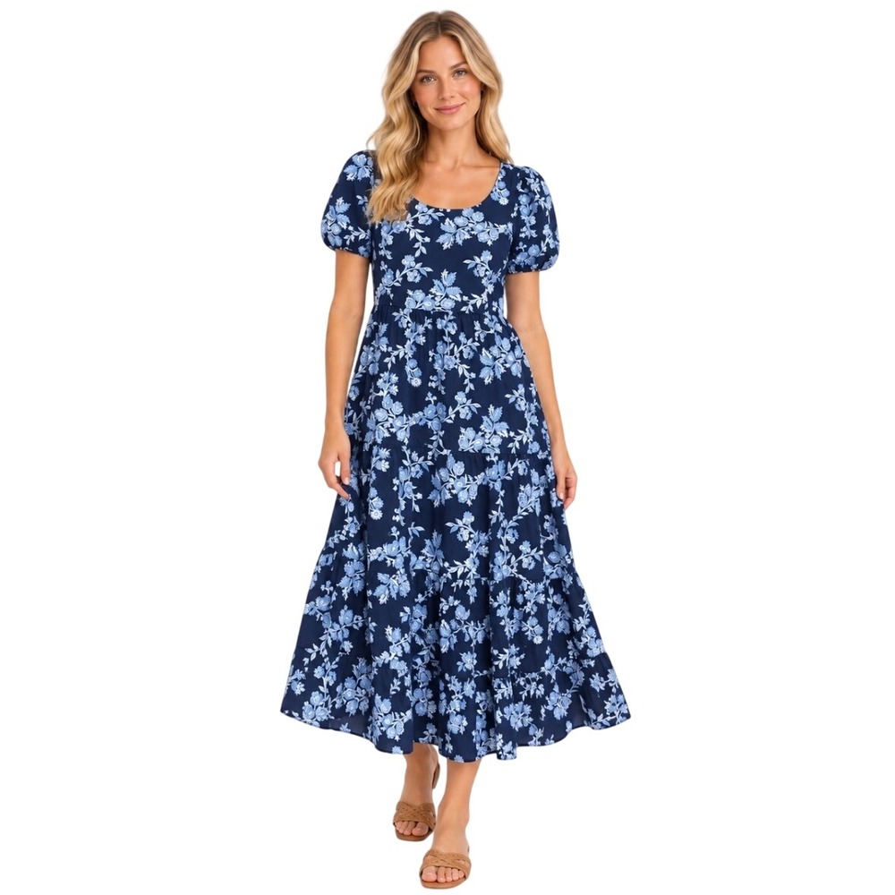 J.Crew Puff Sleeve Tiered Midi Dress in Blue Floral Print Size 8